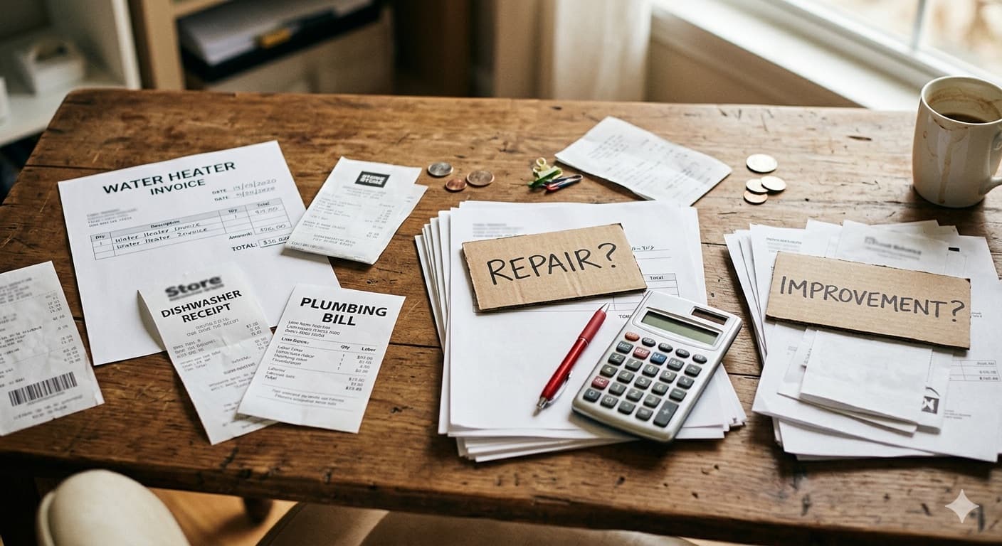 Landlord reviewing receipts with repair and improvement categories