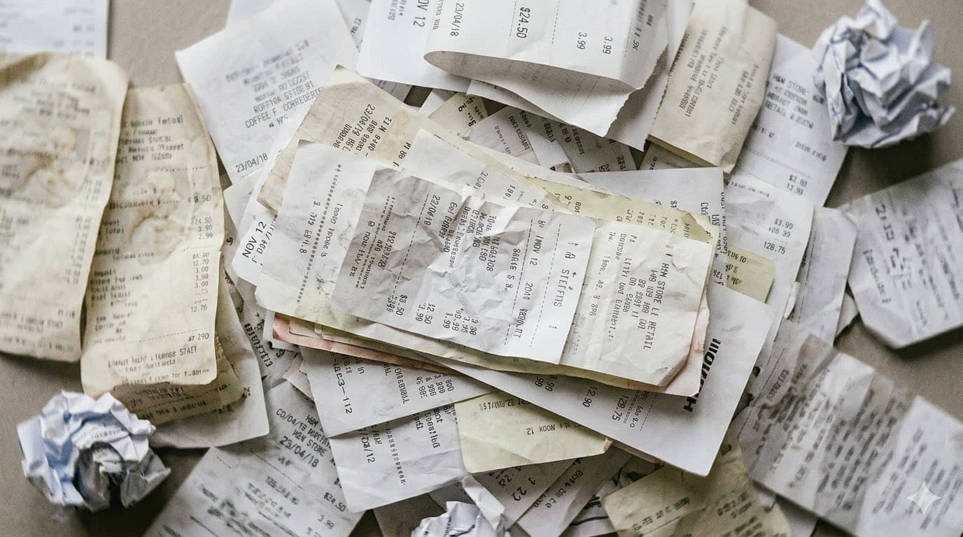 Overhead view of a desk with scattered paper receipts and a laptop showing organized records