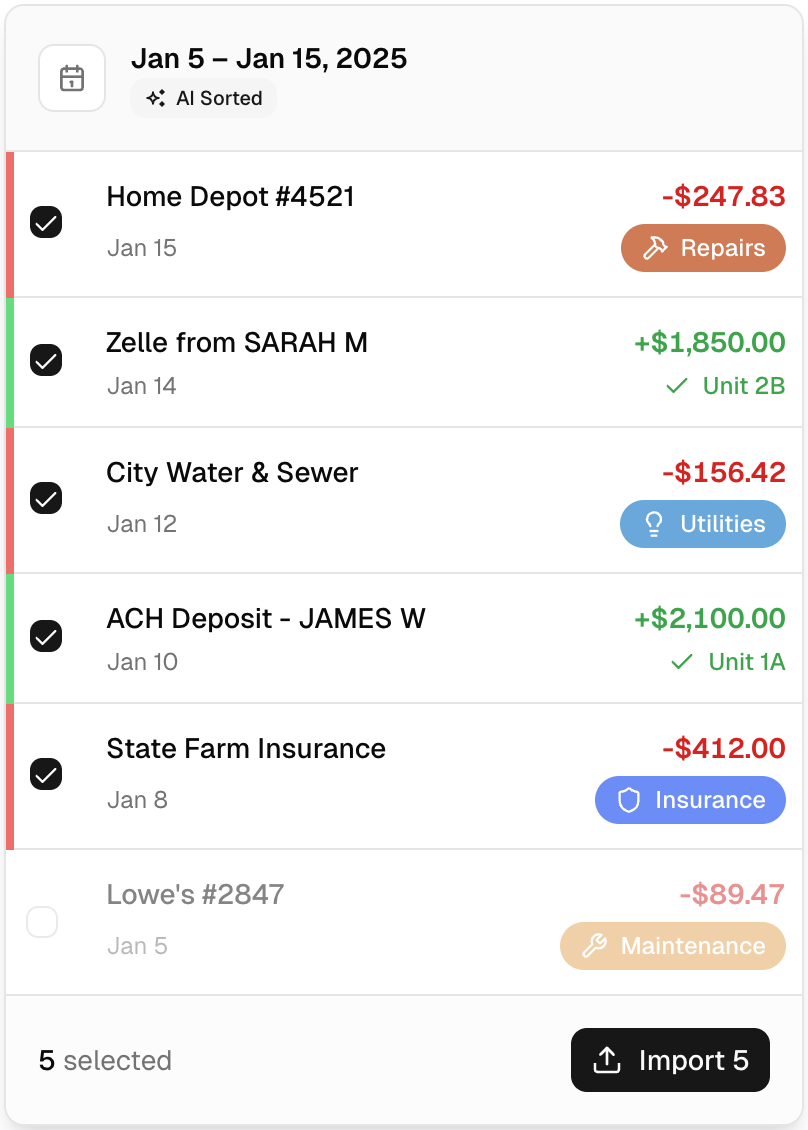 Bank statement import interface showing categorized transactions