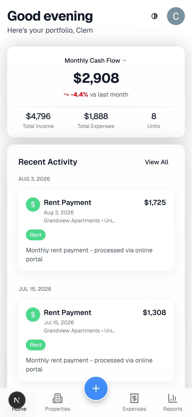 RentLab mobile app dashboard showing cash flow overview and recent activity