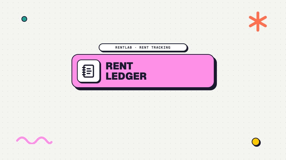 An illustrated banner with the words "Rent Ledger" and a notebook on a pink card
