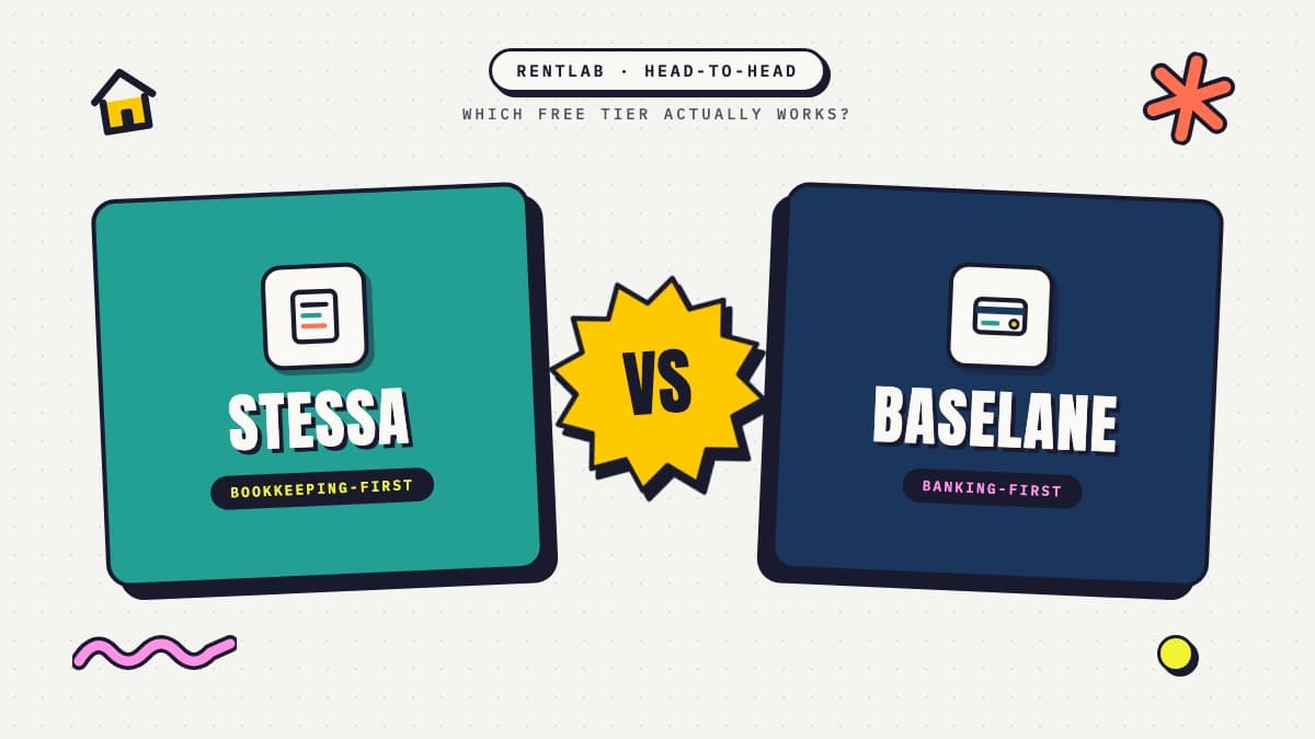 Stessa versus Baselane head-to-head comparison graphic with bookkeeping-first and banking-first labels