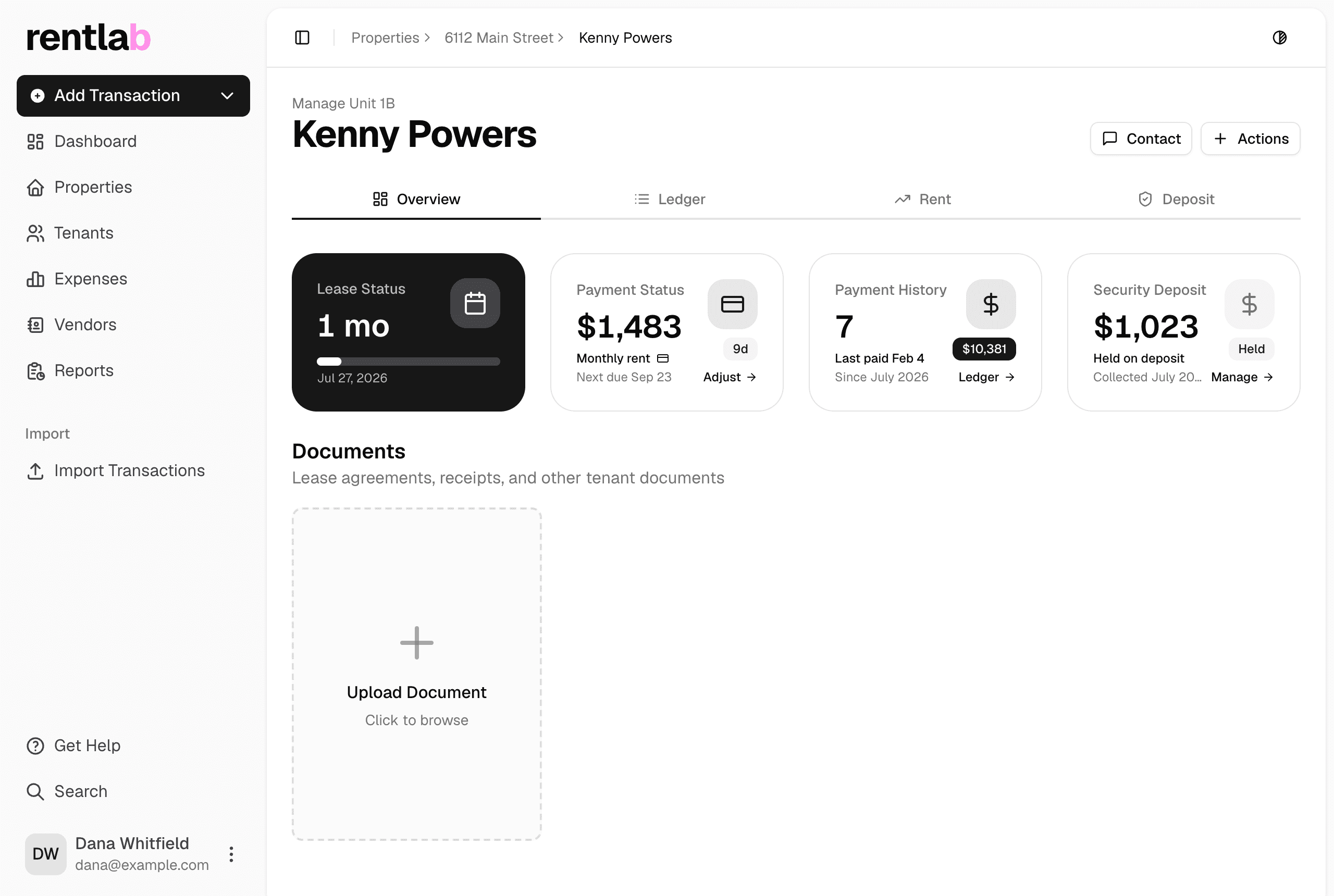 A tenant's page in Rentlab: lease status, next rent due, payment history, and the security deposit held apart