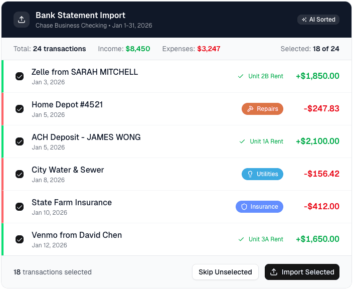 Bank statement import interface showing categorized transactions